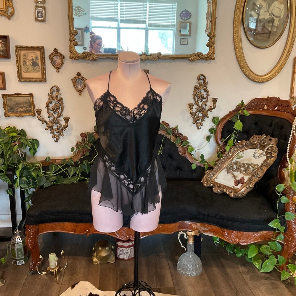 Vintage V-Neck Shiny Satin Lingerie Bodysuit lingerie plus Size 1X Black